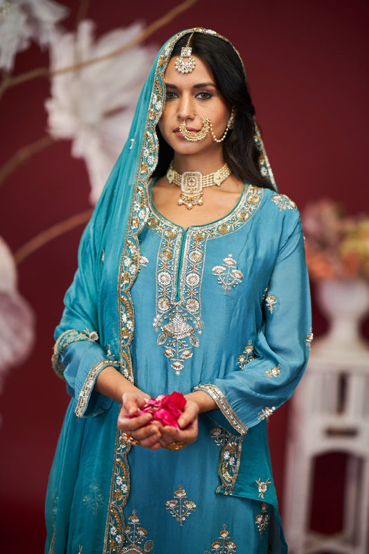 Teal Blue Heavy Embroidered Sharara Set with Dupatta