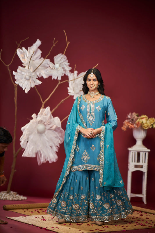 Teal Blue Heavy Embroidered Sharara Set with Dupatta